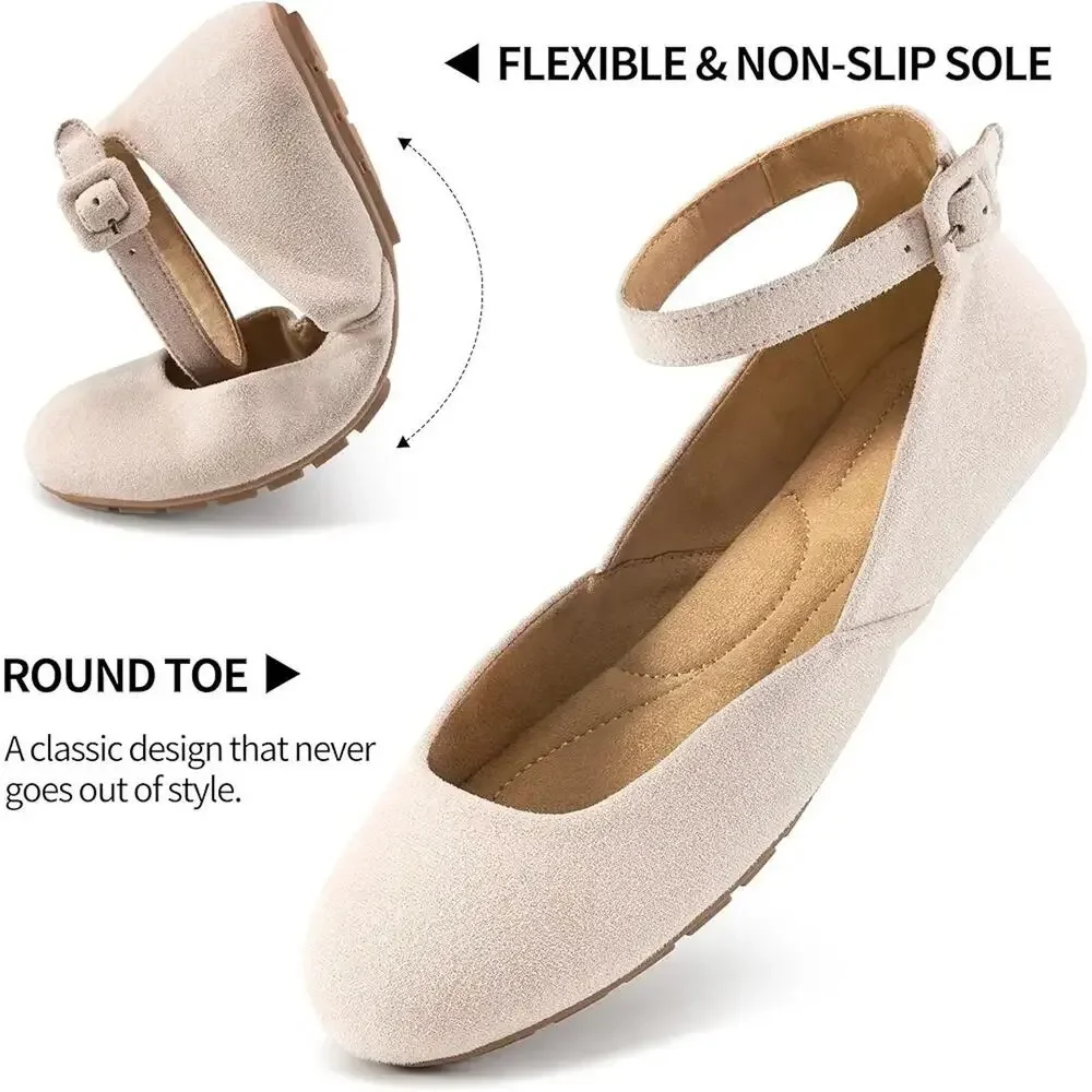 HARENCE Ballet Flats Shoes for Women: Comfortable Round Toe Ankle Strap Slip on - Picture 3 of 5